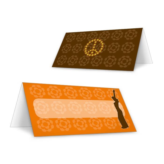 Tischkarte im Retrolook in Orange und Braun mit Peace Zeichen